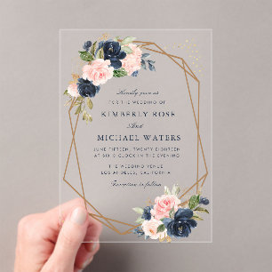 Navy & blush watercolor floral geometric wedding acrylic invitations