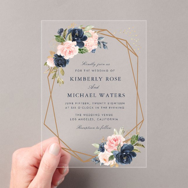 Navy & blush watercolor floral geometric wedding acrylic invitations (Insitu (Handheld))