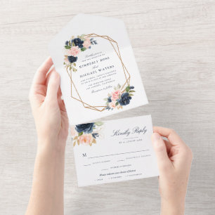 Navy & blush watercolor floral geometric wedding all in one invitation