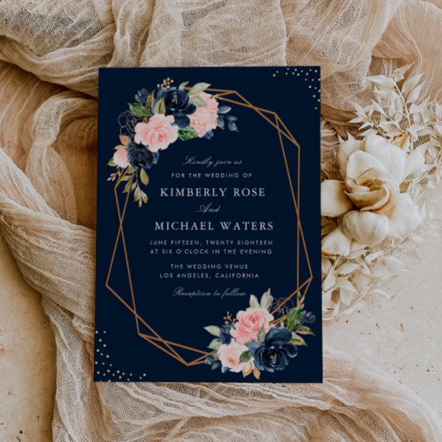 Navy & blush watercolor floral geometric wedding invitation (Creator Uploaded)