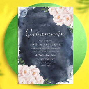 Navy Blush Watercolor Floral Quinceanera Invitation