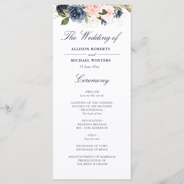 Navy & blush watercolor floral wedding program programme (Front)