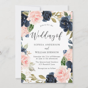 Navy & Blush Watercolor Floral Wreath Wedding Invitation