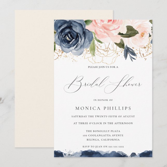 Navy & Blush Watercolor Florals Gold Bridal Shower Invitation (Front/Back)