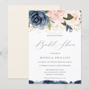 Navy & Blush Watercolor Florals Gold Bridal Shower Invitation