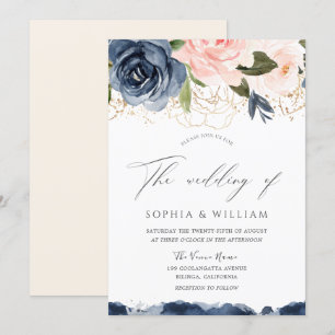 Navy & Blush Watercolor Florals Gold Leaf Wedding Invitation