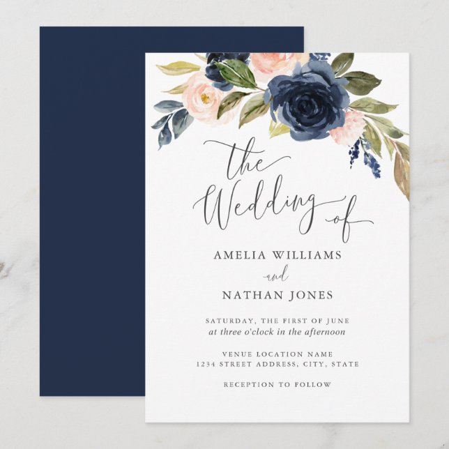 Navy Blush Watercolor Flower Wreath Wedding Invitation (Front/Back)