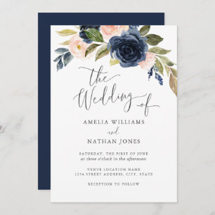 Navy Blush Watercolor Flower Wreath Wedding Invitation