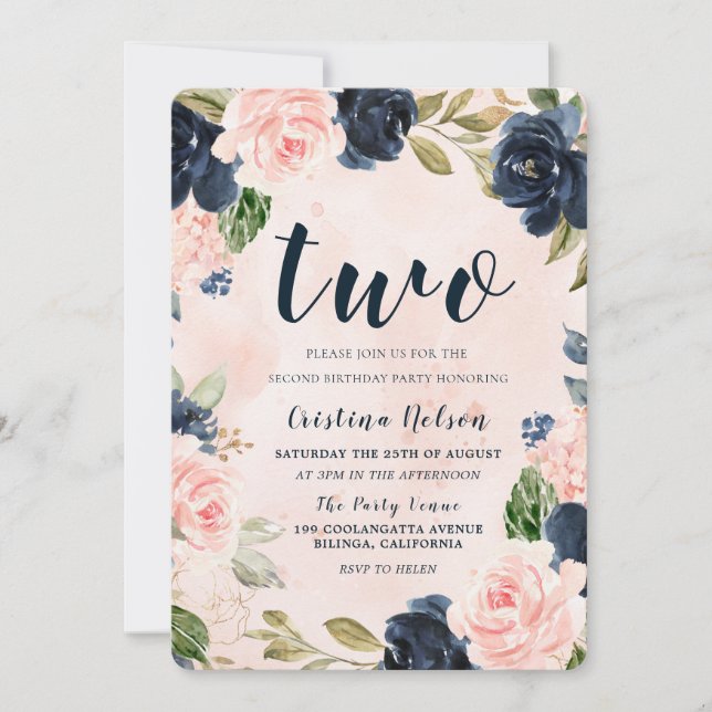 Navy Blush Watercolor Flowers 2nd Birthday Party Invitation (Front)