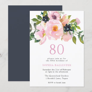 Navy Blush Watercolor Flowers 80th Birthday Party Invitation