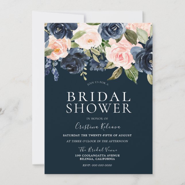 Navy & Blush Watercolor Flowers Bridal Shower Invitation (Front)