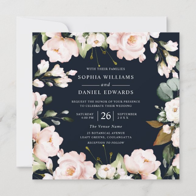 Navy & Blush Watercolor Flowers Elegant Wedding Invitation (Front)