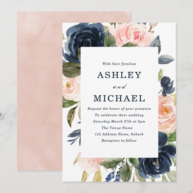 Navy & Blush Watercolor Flowers Framed Wedding Invitation (Front/Back)