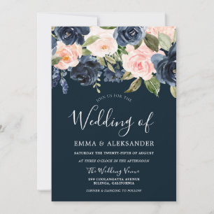 Navy & Blush Watercolor Flowers Modern Wedding Invitation