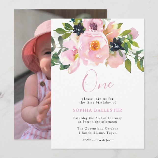 Navy & Blush Watercolor Flowers one 1st Birthday Invitation (Front/Back)