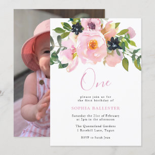Navy & Blush Watercolor Flowers one 1st Birthday Invitation