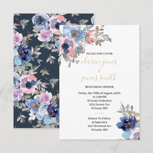 Navy & Blush Watercolor Flowers Rehearsal Dinner Invitation (Front/Back)