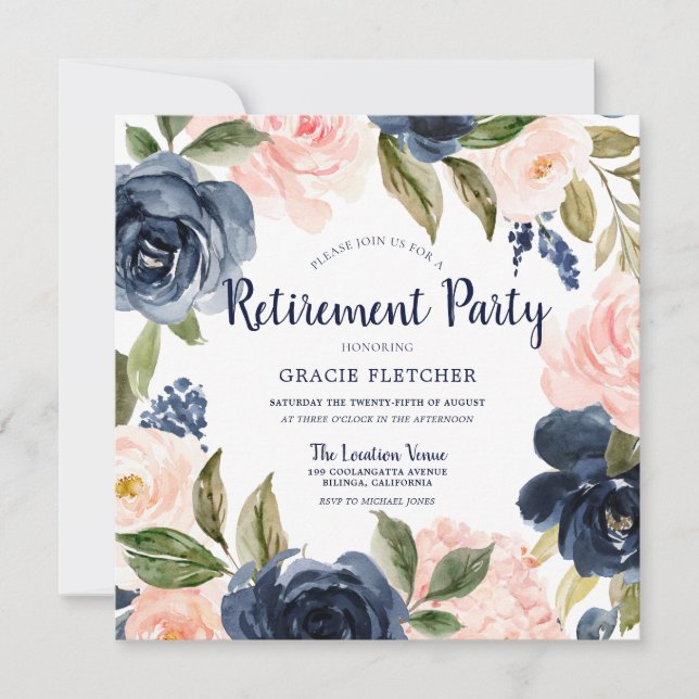 Navy Blush Watercolor Flowers Retirement Party Invitation (Front)