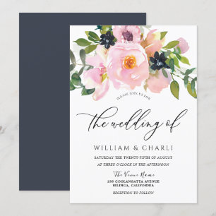 Navy & Blush Watercolor Flowers Wedding Invitation