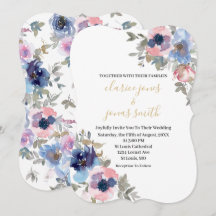 Navy & Blush Watercolor Flowers Wedding Invitation