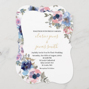 Navy & Blush Watercolor Flowers Wedding Invitation