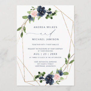 Navy & Blush Wedding Invite Geometric Faux Foil