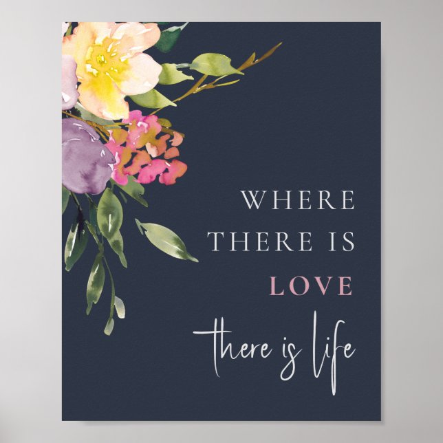 Navy Blush Yellow Burgundy Floral Love Is Life Poster (Front)