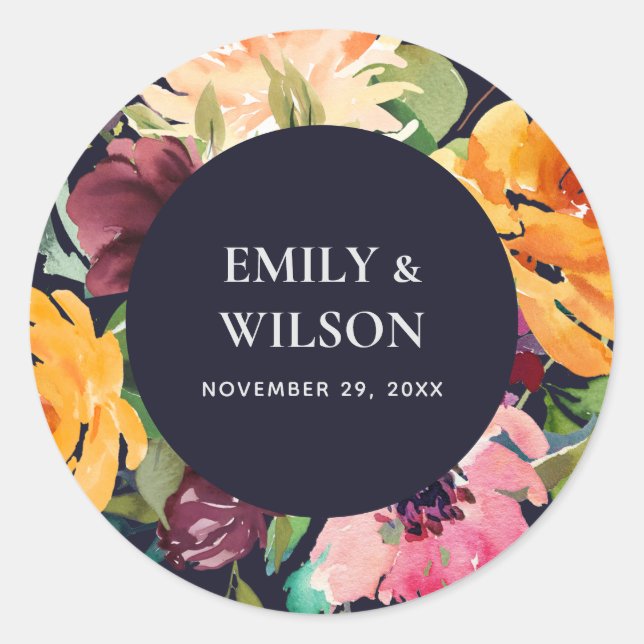 NAVY BLUSH YELLOW ORANGE FLORAL BUNCH WEDDING CLASSIC ROUND STICKER (Front)
