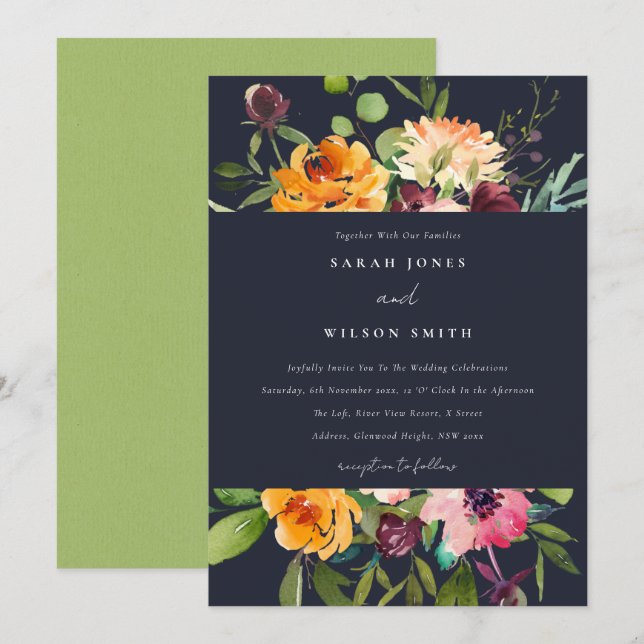 NAVY BLUSH YELLOW ORANGE FLORAL BUNCH WEDDING INVITATION (Front/Back)