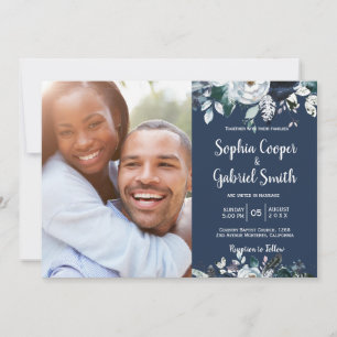 Navy Bohemian Floral Photo Wedding Invitations