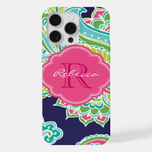 Navy Bohemian Paisley Custom Monogram iPhone 15 Pro Max Case