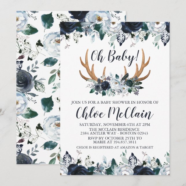 Navy Boho Baby Shower Invitation Baby Boy (Front/Back)