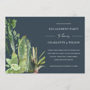 NAVY BOHO DESERT CACTI SUCCULENT FAUNA ENGAGEMENT INVITATION