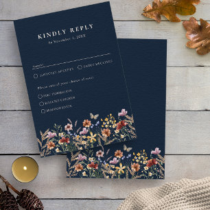 Navy Boho Floral With Meals RSVP Card