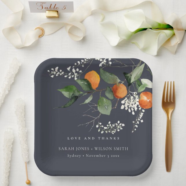 Navy Boho Orange Blossom Botanical Wedding Paper Plate (Wedding)