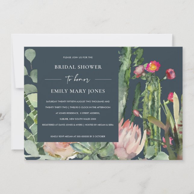 NAVY BOHO PINK FLORAL CACTUS FOLIAGE BRIDAL SHOWER INVITATION (Front)