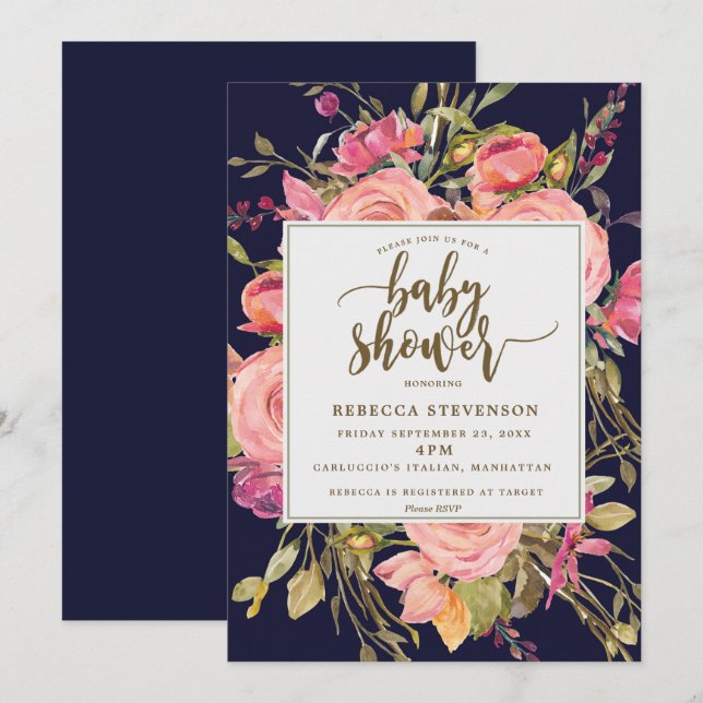 navy boho pink wild flower baby shower invitation (Front/Back)
