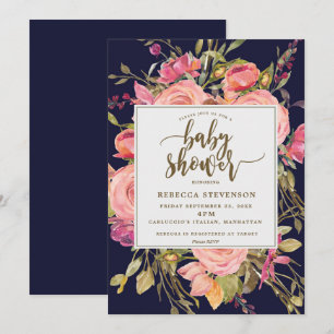 navy boho pink wild flower baby shower invitation