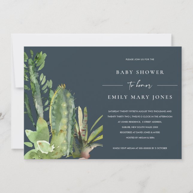 NAVY BOHO SUCCULENT DESERT CACTI FAUNA BABY SHOWER INVITATION (Front)