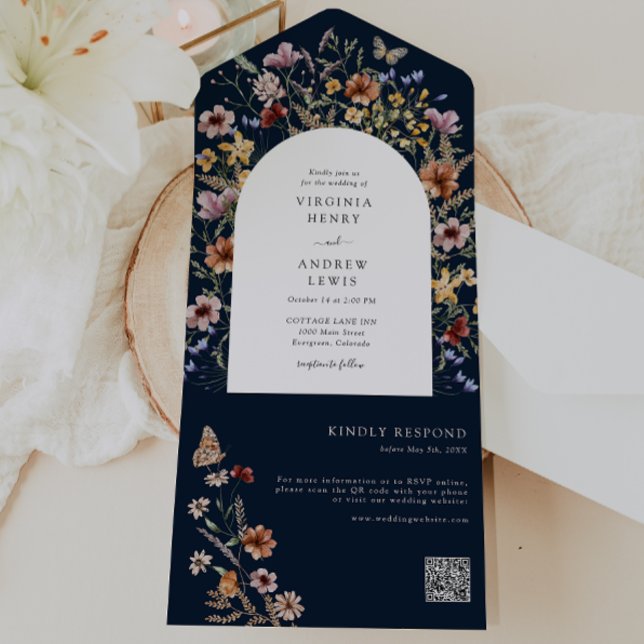 Navy Boho Wedding All In One Invitation (Navy Blue Boho Wedding All In One Invitation by Painted Paperie
)