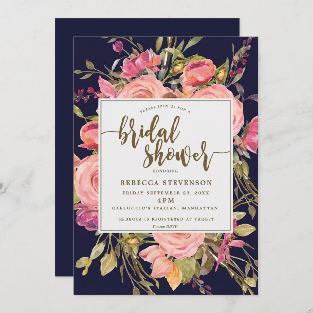 navy boho wild flower bridal shower invitation (Front/Back)