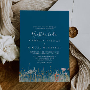 Navy Boho Wildflower Nuestra Boda Wedding Invitation