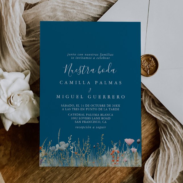 Navy Boho Wildflower Nuestra Boda Wedding Invitation (Creator Uploaded)