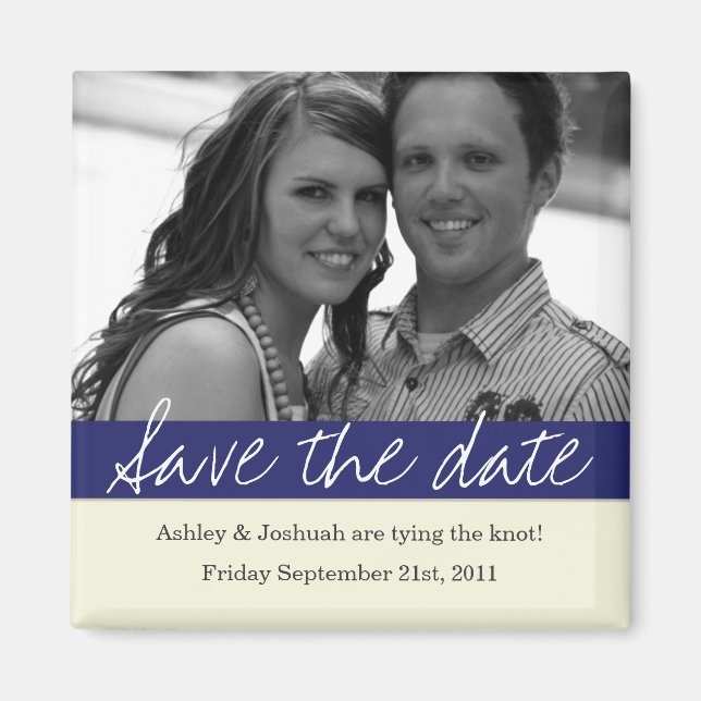 Navy Bold Banner Photo Save The Date Magnet (Front)