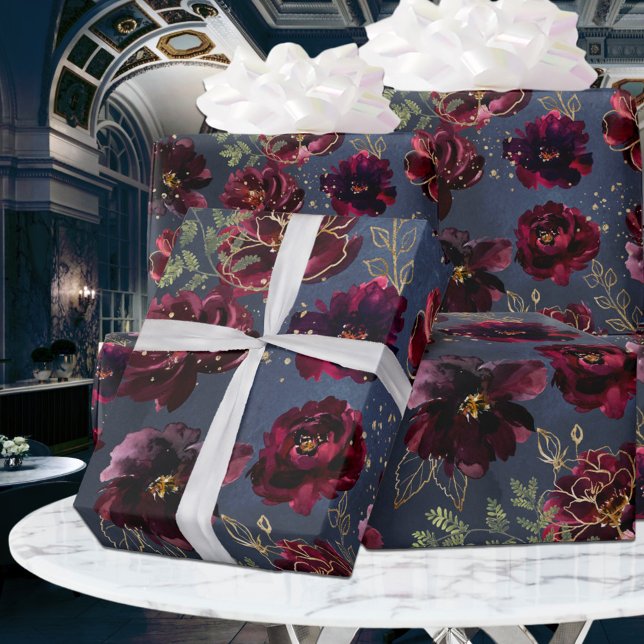 Navy Bordeaux Jewel Tone Burgundy Peony Wedding Wrapping Paper (Creator Uploaded)