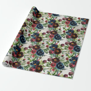 Navy Bordeaux Peonies Blooming Garden Wrapping Pap Paper