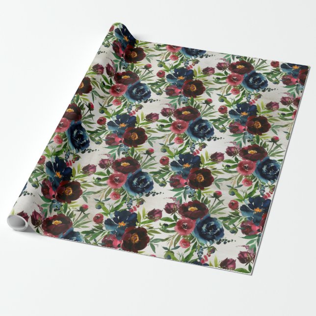 Navy Bordeaux Peonies Blooming Garden Wrapping Pap Wrapping Paper (Unrolled)