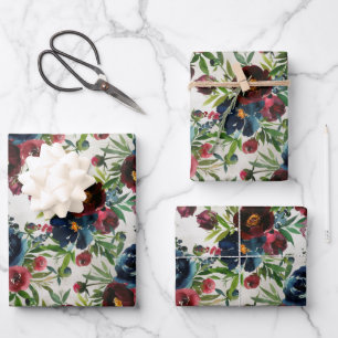 Navy Bordeaux Peonies Blooming Garden Wrapping Paper Sheet