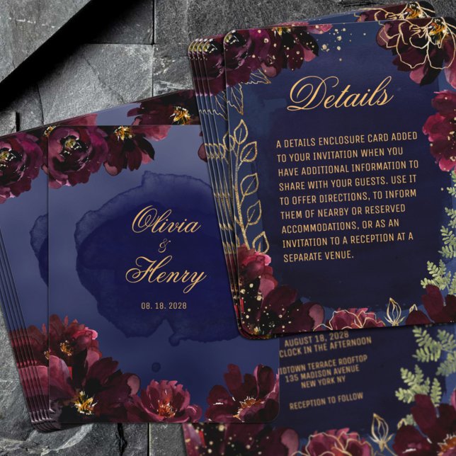 Navy Bordeaux Wedding Invitation Details (Navy Bordeaux Wedding Invitation Details Enclosure Card featuring Navy & Burgundy Florals with Gold)