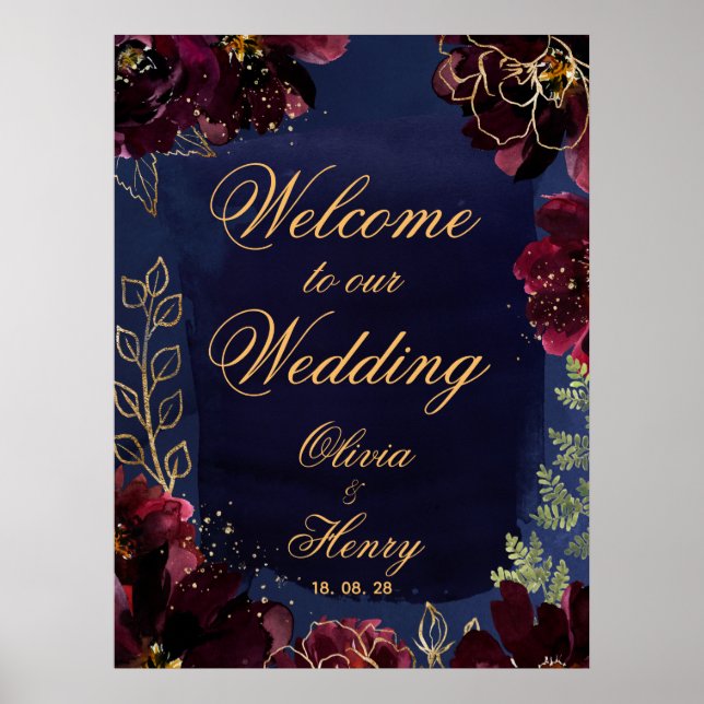 Navy Bordeaux Welcome To Our Wedding 24 x 32 Inch Poster (Front)